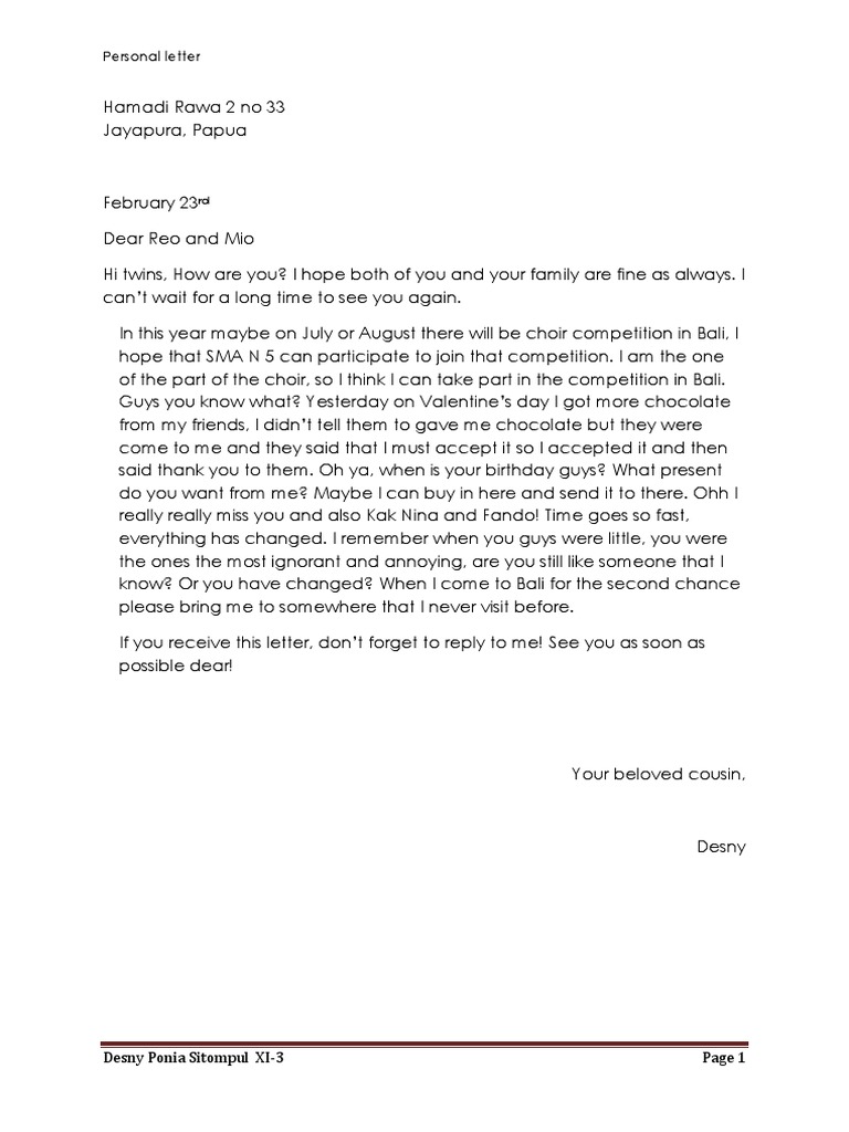 Personal Letter: Desny Ponia Sitompul XI-3 | PDF