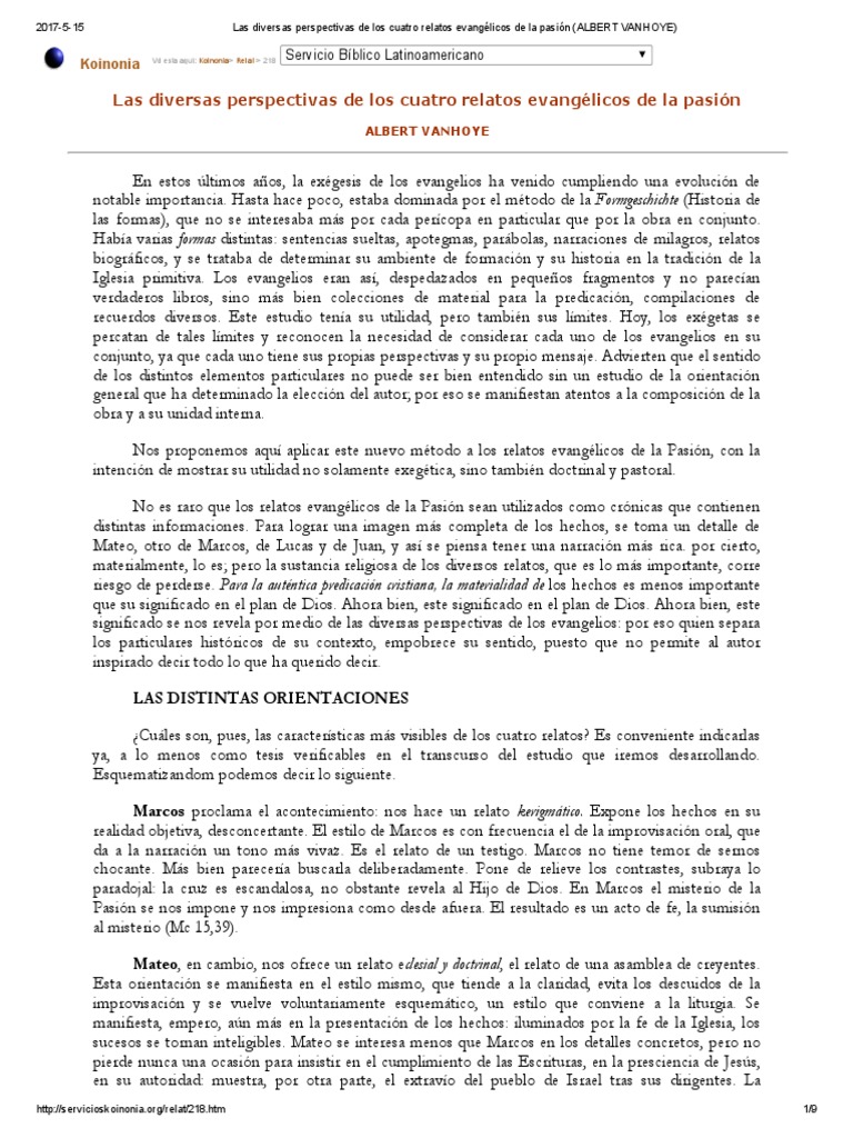 Las Diversas Perspectivas de Los Cuatro Relatos Evangelicos de La ...