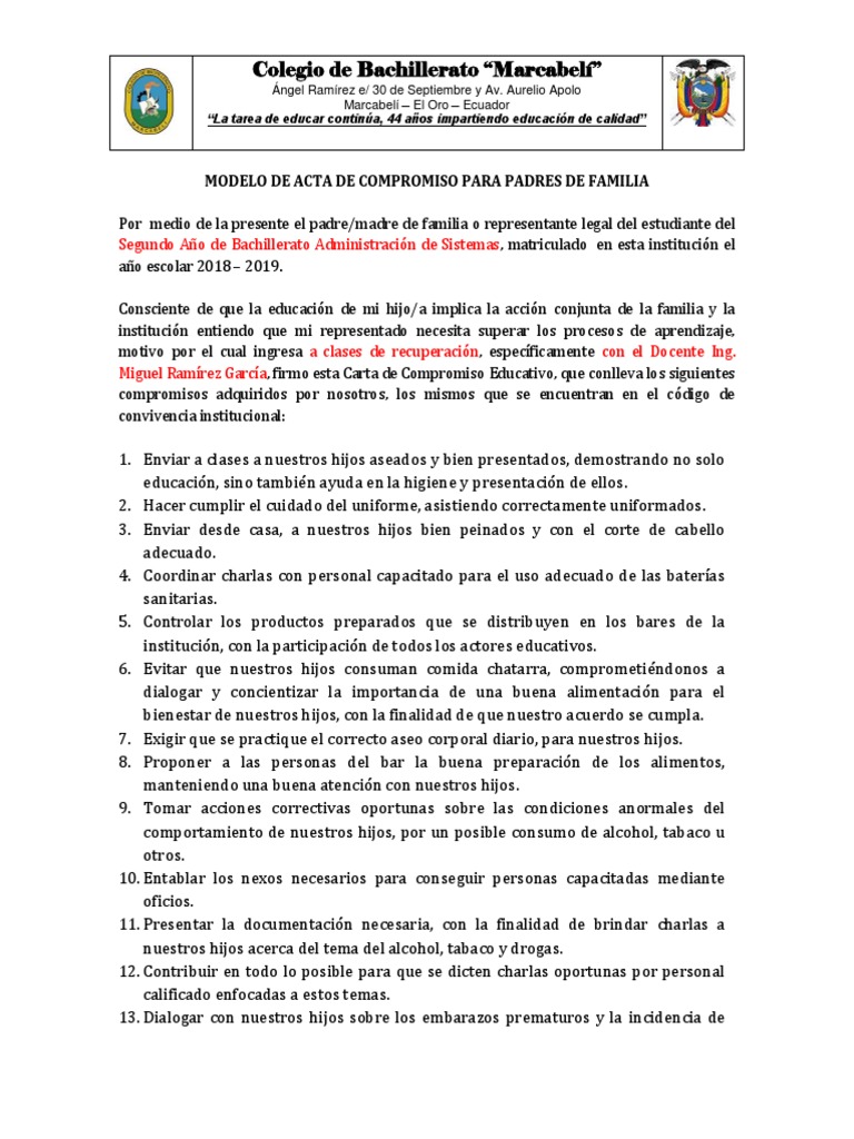 Modelo de Acta de Compromiso para Padres de Familia | PDF | Escuelas ...