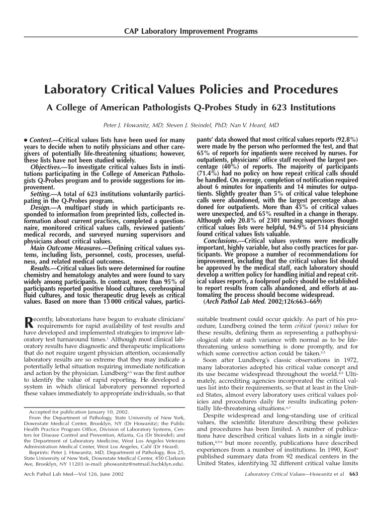 Critical Value Menurut CAP | PDF | Intensive Care Unit | Patient