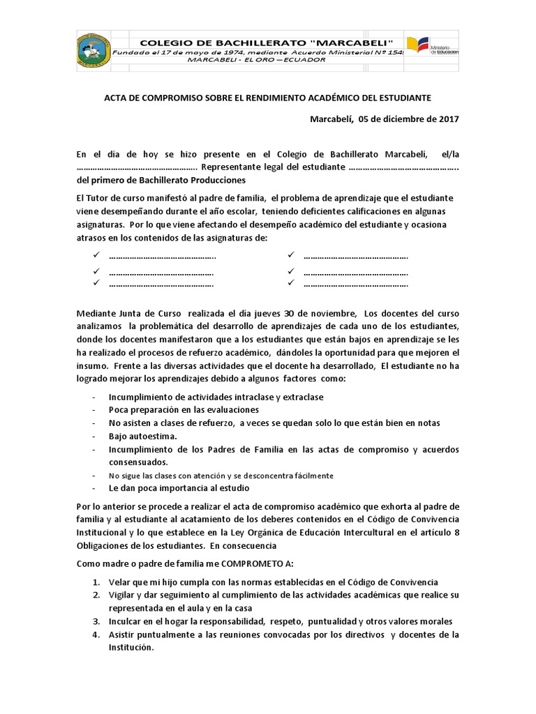 Acta de Compromiso Sobre El Rendimiento Académico Del Estudiante | PDF |  Salón de clases | Cognición