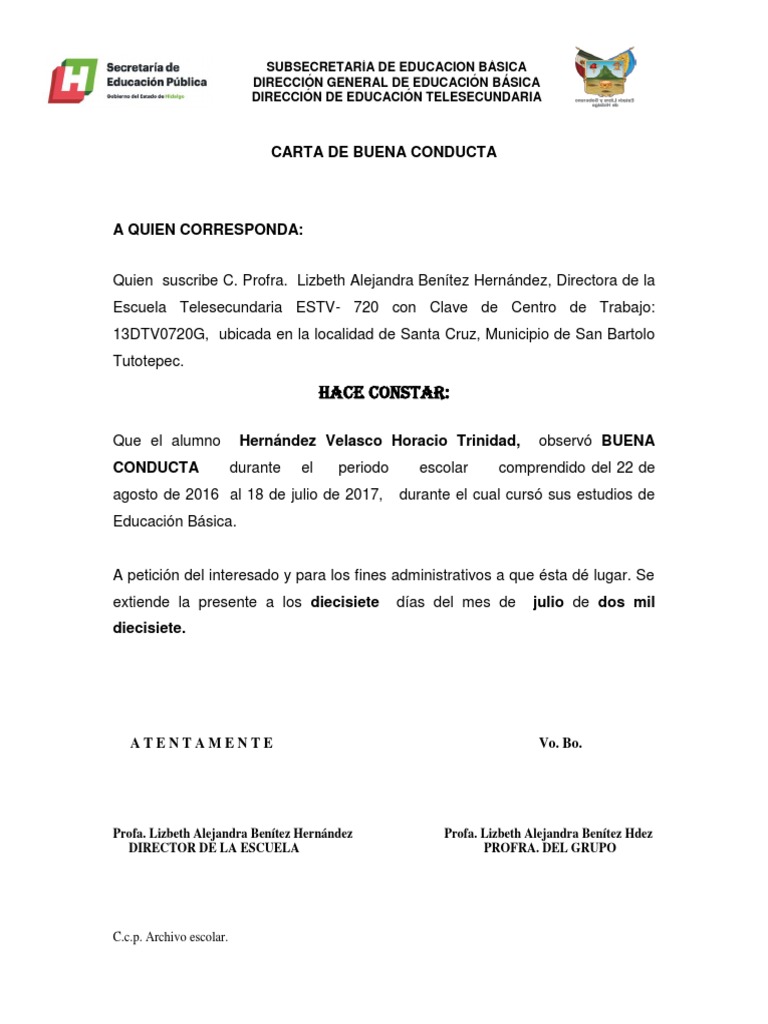 CARTA DE BUENA CONDUCTA.docx  Educación Secundaria  Etapas educativas