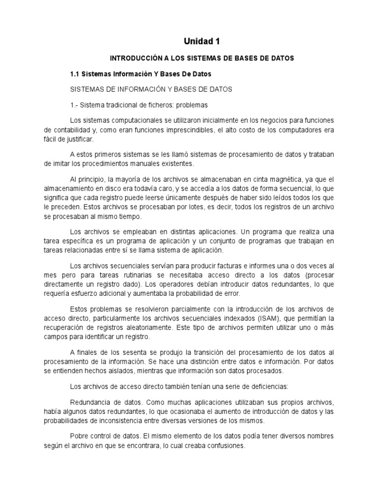 UNIDAD 1 Introduccion A Los Sistemas de Bases de Datos | PDF | Bases de ...