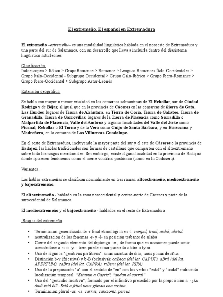 El extremeño: lengua y características | PDF | Lingüística | Idiomas