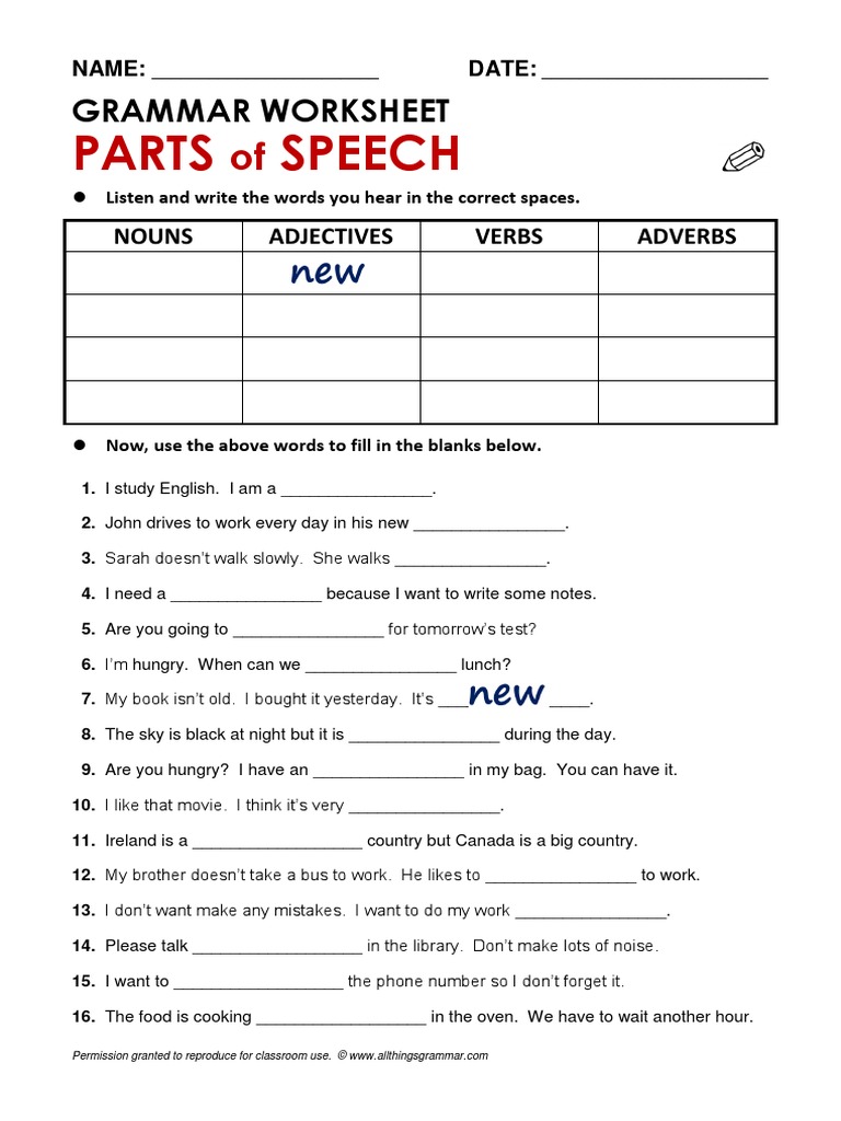 Grade 4 English Parts Of Speech Worksheets