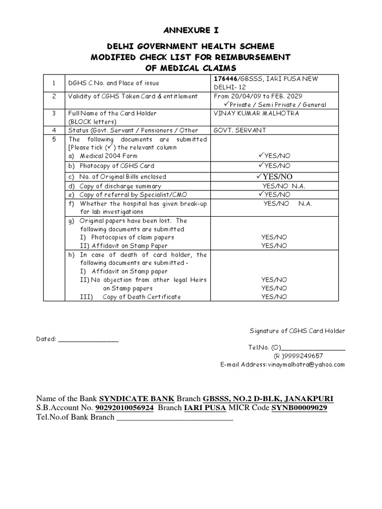 DGHS Reimbursement Form 2004 PDF Service Industries Social
