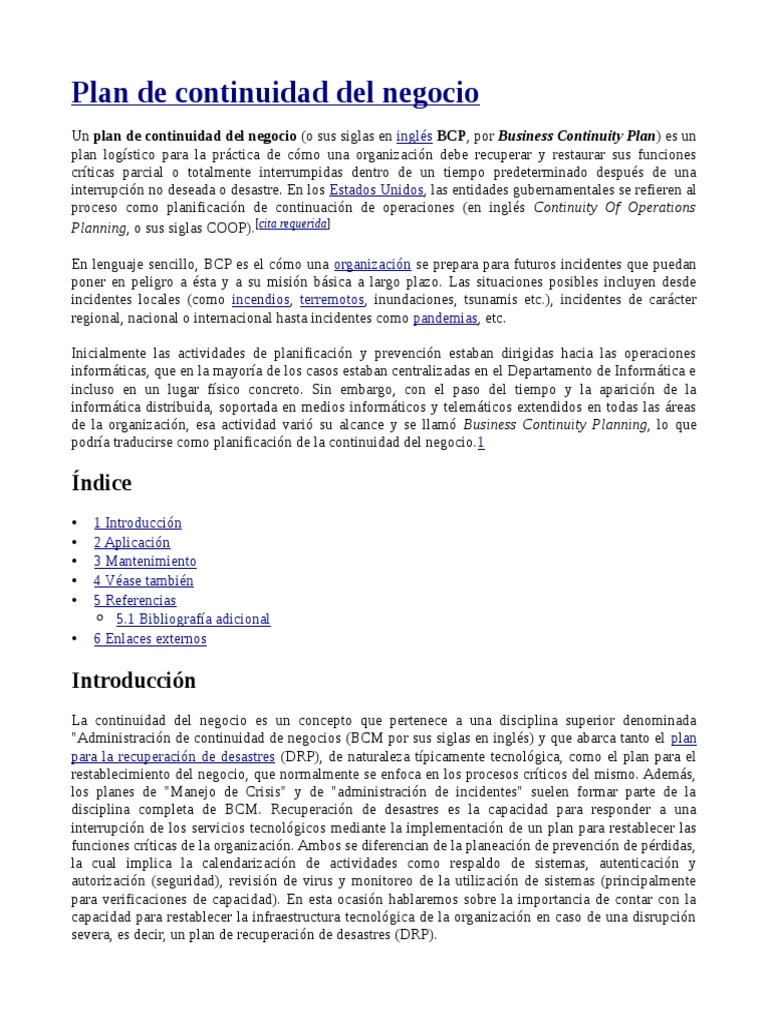 Plan de Continuidad del Negocio | PDF | Desastres y Accidentes | Business