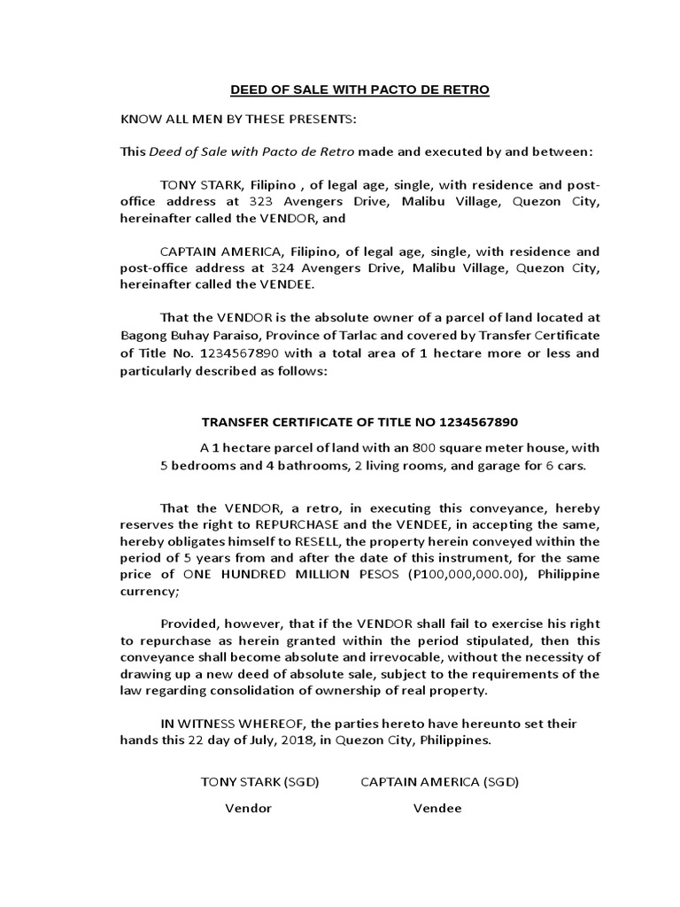 Deed of sale with pacto de retro pdf deed civil law legal system 