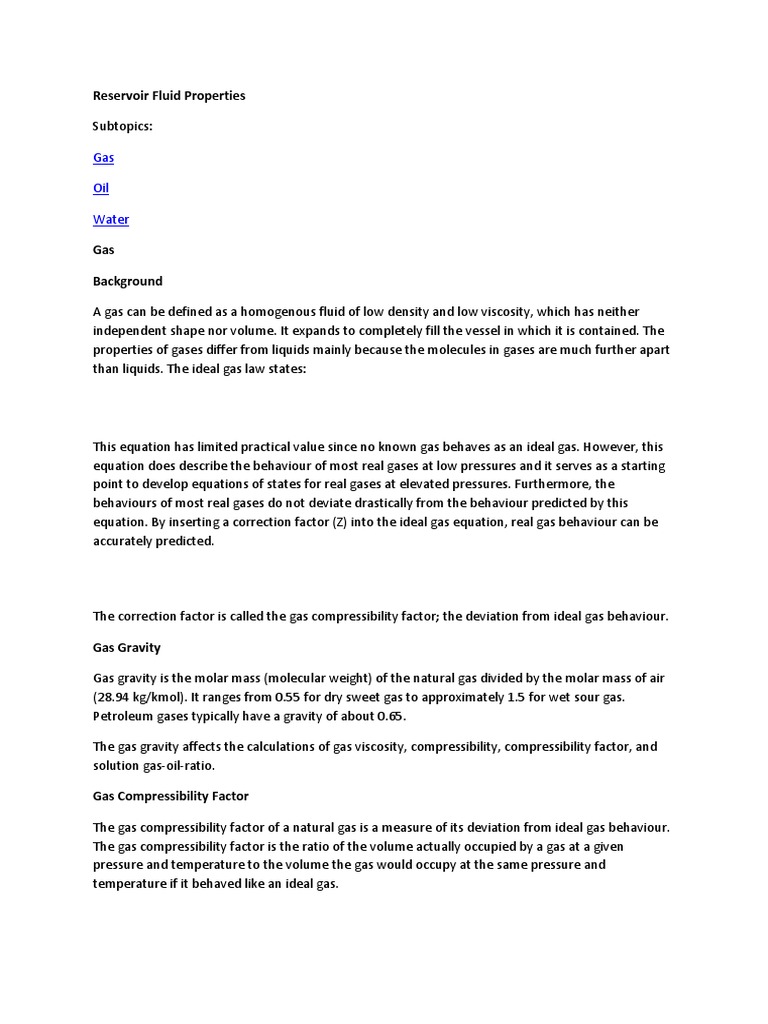 Reservoir Fluid Properties PDF Gases Pressure