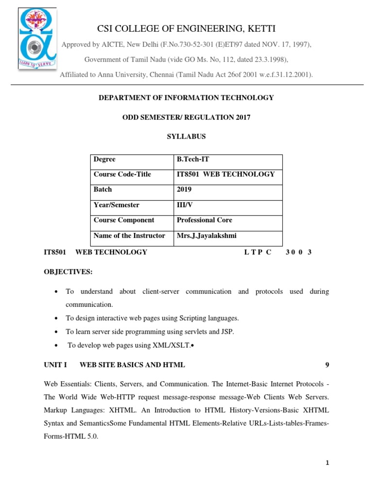 It8501 Web Technology Syllabus | Dynamic Web Page | Document Object Model