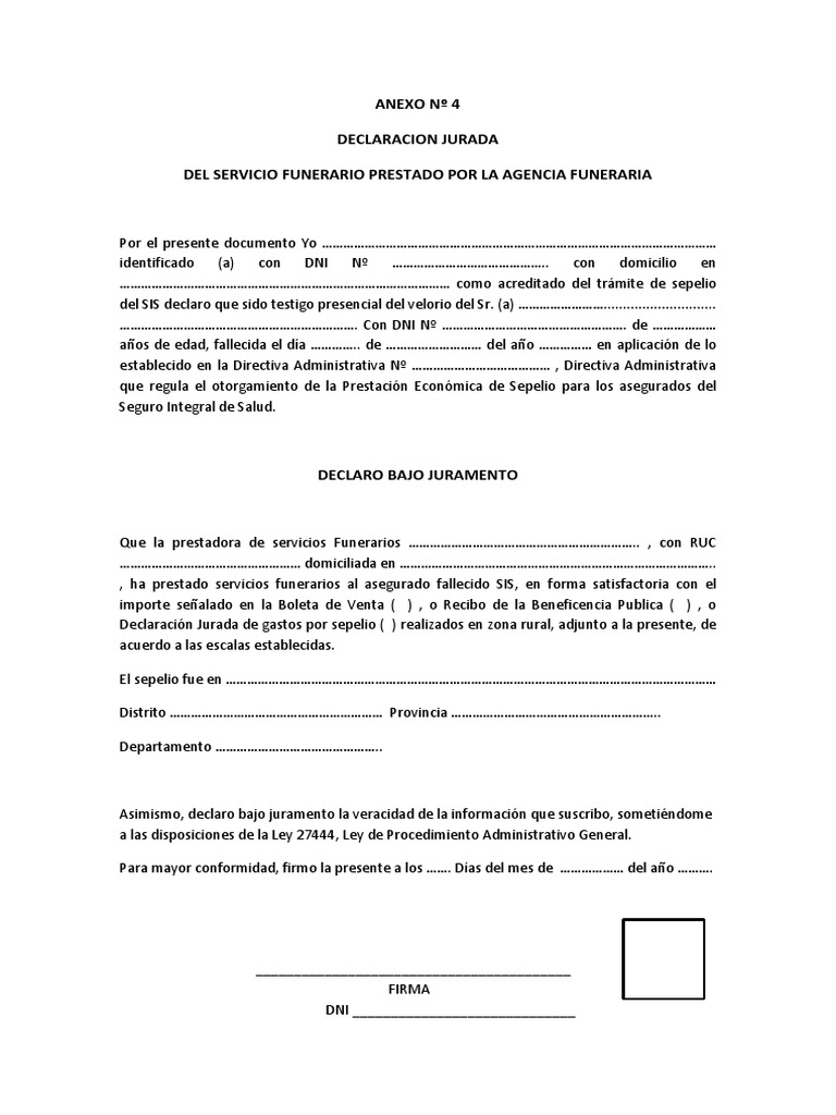 Declaración Jurada de Servicio Funerario | PDF