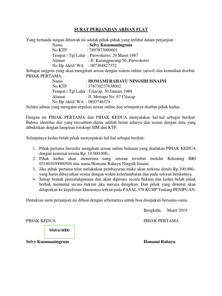 Surat Perjanjian Arisan Flat