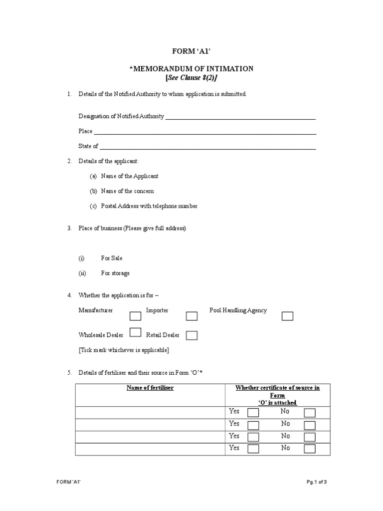 Form A1 Fertilizer Licence PDF Social Institutions Social Science