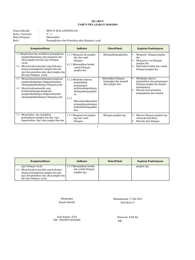 Silabus Matematika Kelas 5 Sem 1 K13 Revisi 2017 Docx