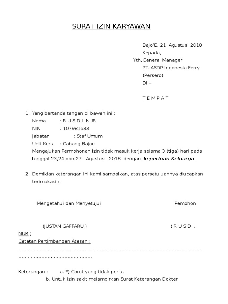 Formulir Izin Tidak Masuk Kerja | PDF