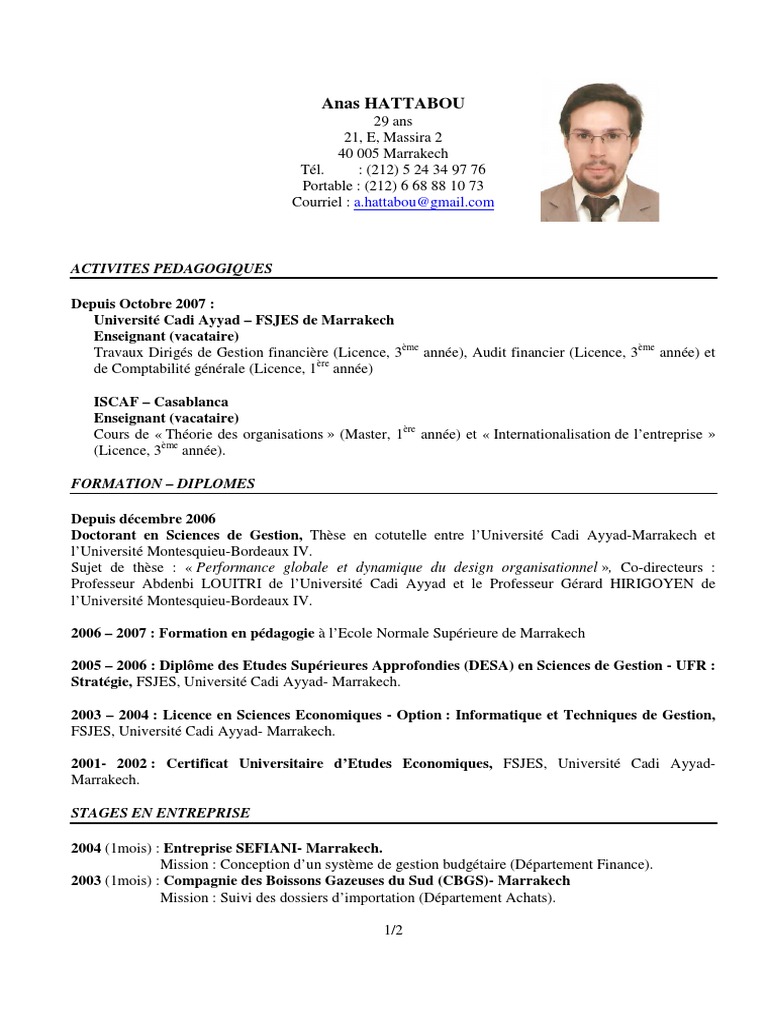 Cv Enseignant Vacataire
