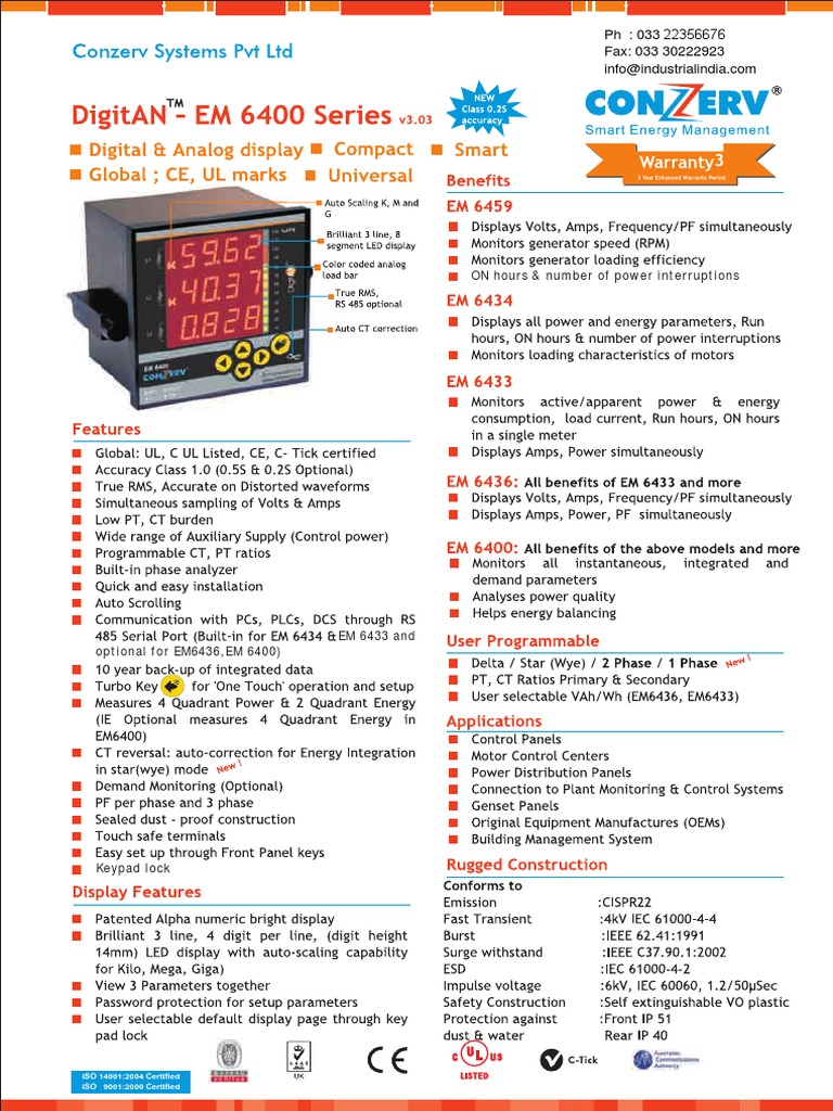 Conzerv EM6400 Multifunction Meter Guide | PDF | Kolkata | Nature