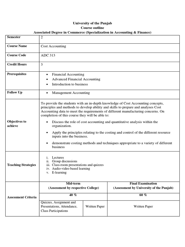 Cost Accounting Course Outline | PDF | Cost Of Goods Sold | Labour ...