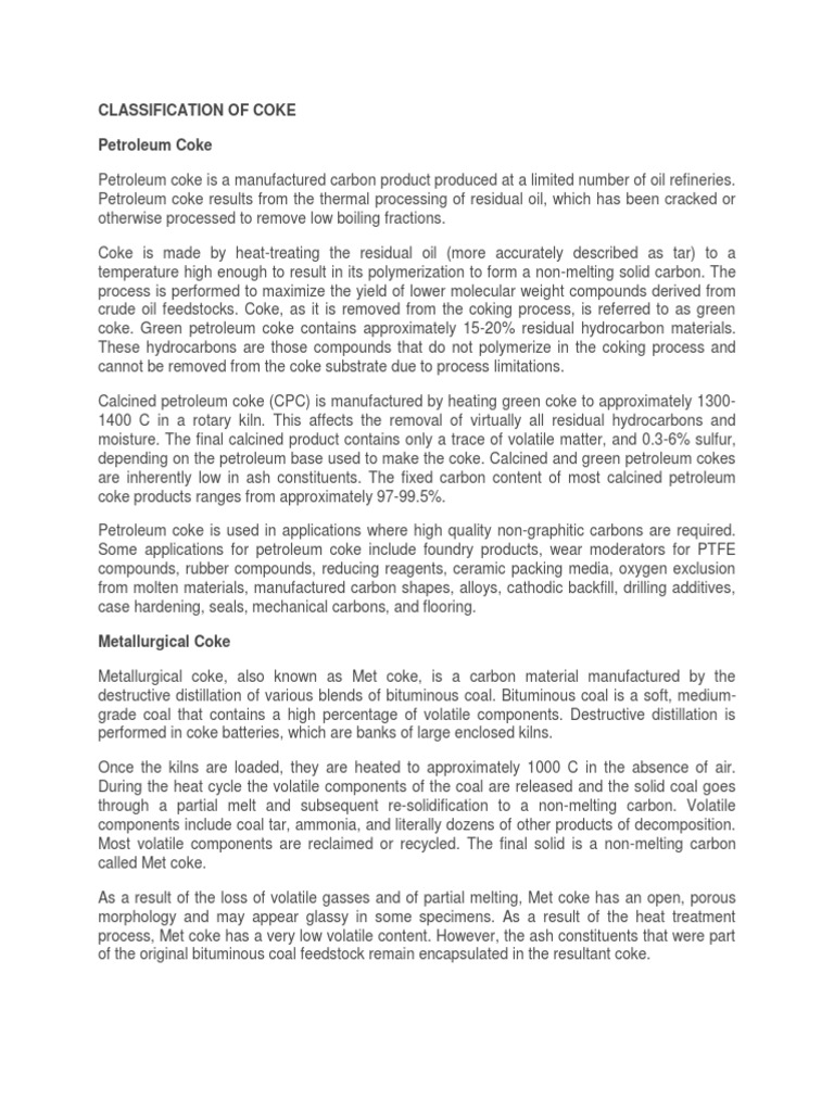 Types and Classification of Coke | PDF | Coke (Fuel) | Carbon