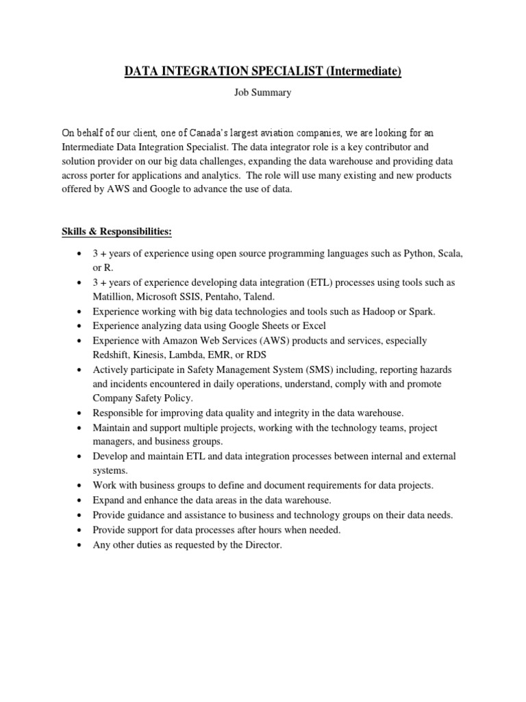 Data Integration Specialist Job Overview | PDF | Big Data | Data Warehouse