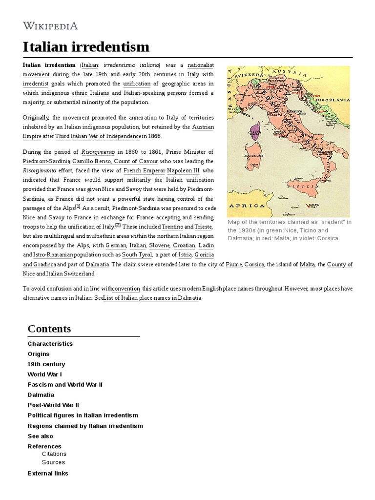 Italian Irredentism PDF Italy Nationalism