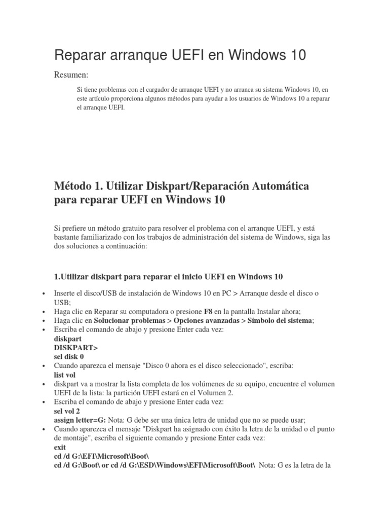 reparar arranque de windows 10 uefi gpt