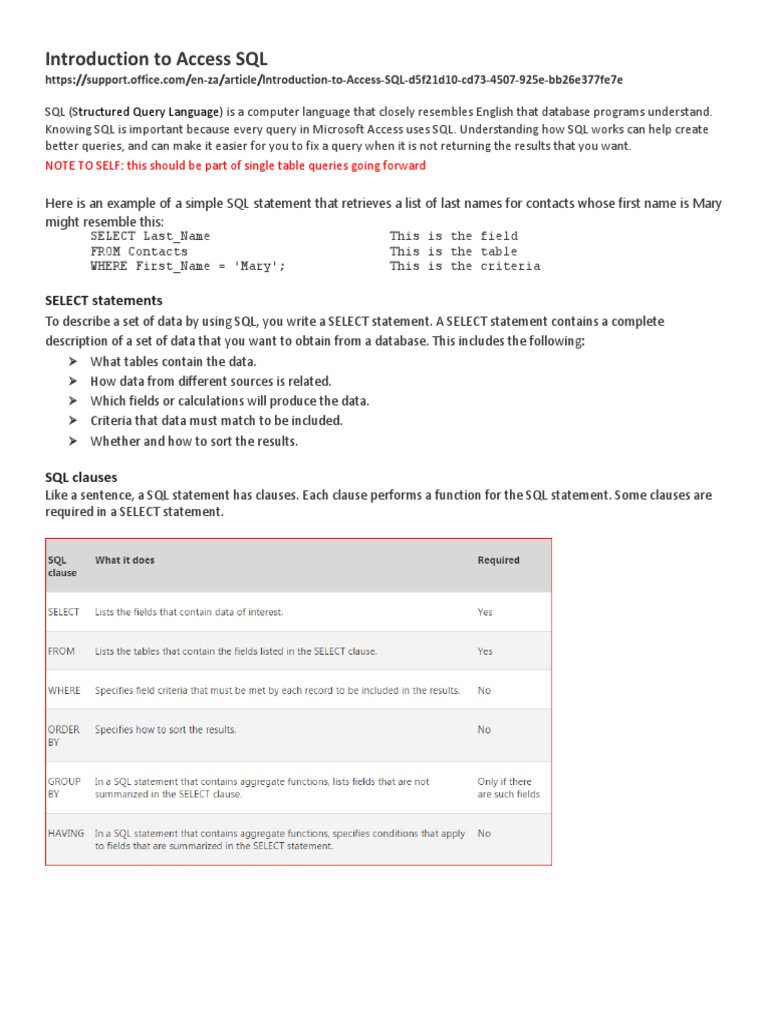 Introduction To Access SQL: SELECT Statements | PDF | Microsoft Access ... image.
