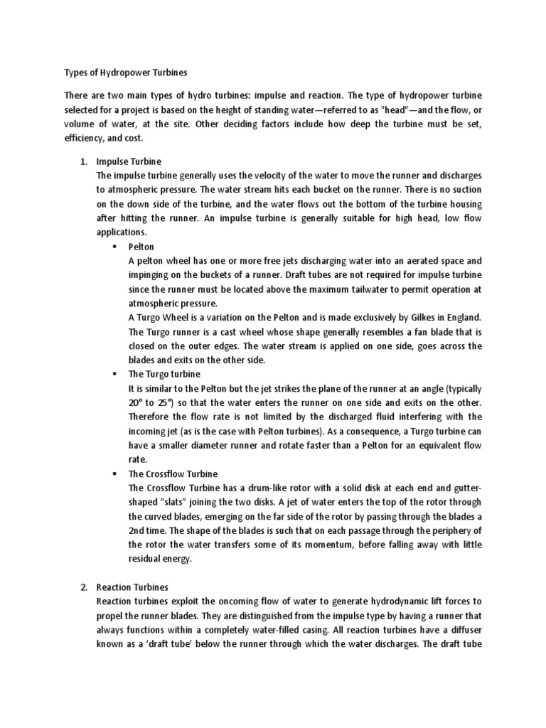 Types of Hydropower Turbines Explained | PDF | Turbine | Hydropower