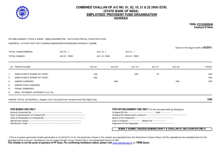 EPF Combined Challan Receipt Details | PDF | Cheque | Services (Economics)