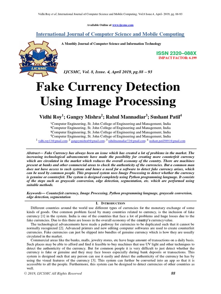 Fake Currency Detection Using Image Proc PDF PDF Digital Image Image Segmentation