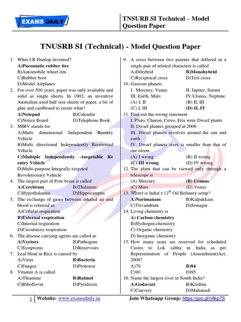 TNUSRB SI Technical Model Questions | PDF | C (Programming Language ...