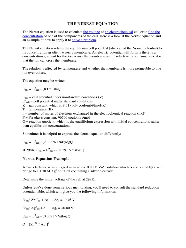 The Nernst Equation-Example | PDF | Membrane Potential | Electrochemistry