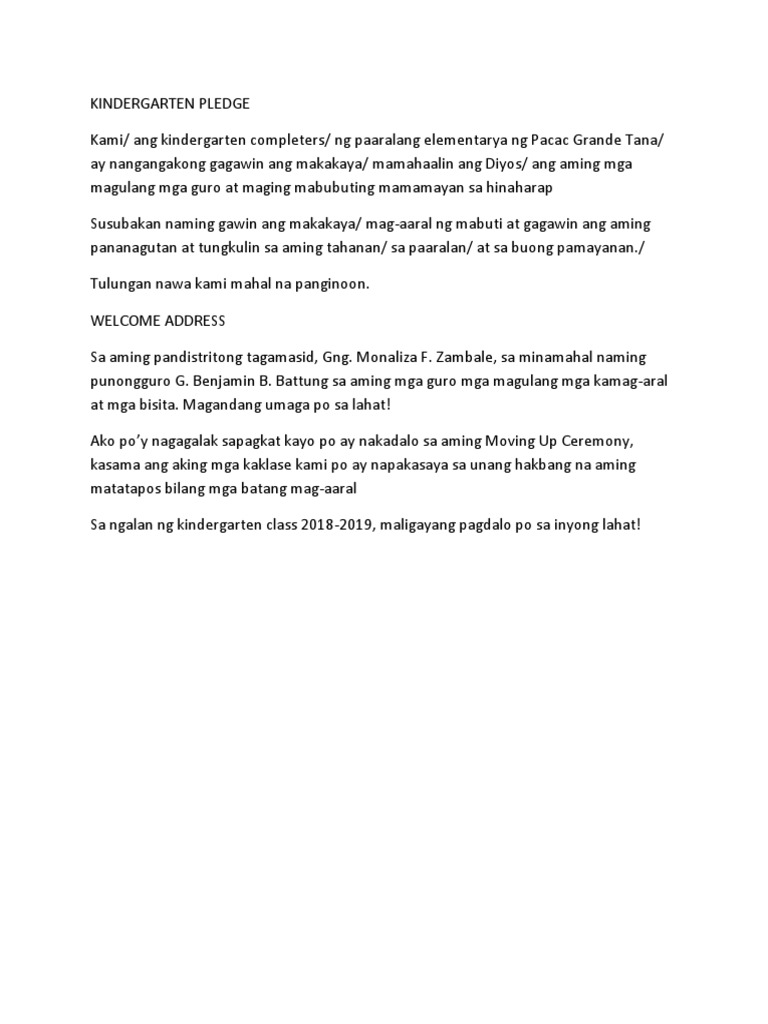 Kindergarten Pledge And Welcome Address Tagalog Pdf