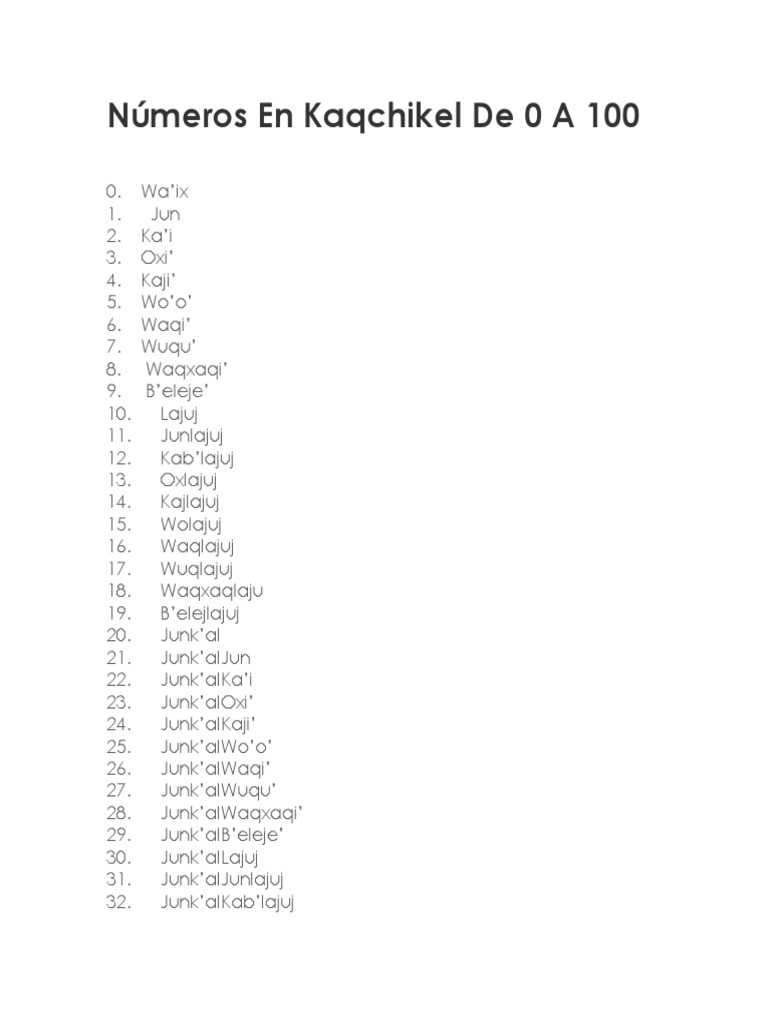 Numeros En Kaqchikel De 0 A 100