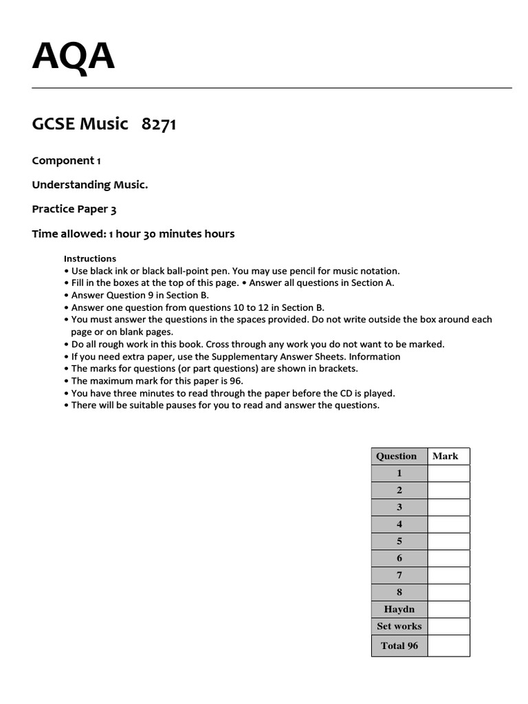 GCSE Music 8271 Component 1 Understanding Music. Practice Paper 3 Time