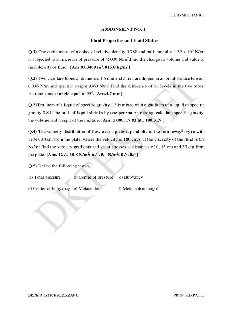 Fluid Mechanics Question Bank PDF | PDF | Fluid Dynamics | Viscosity