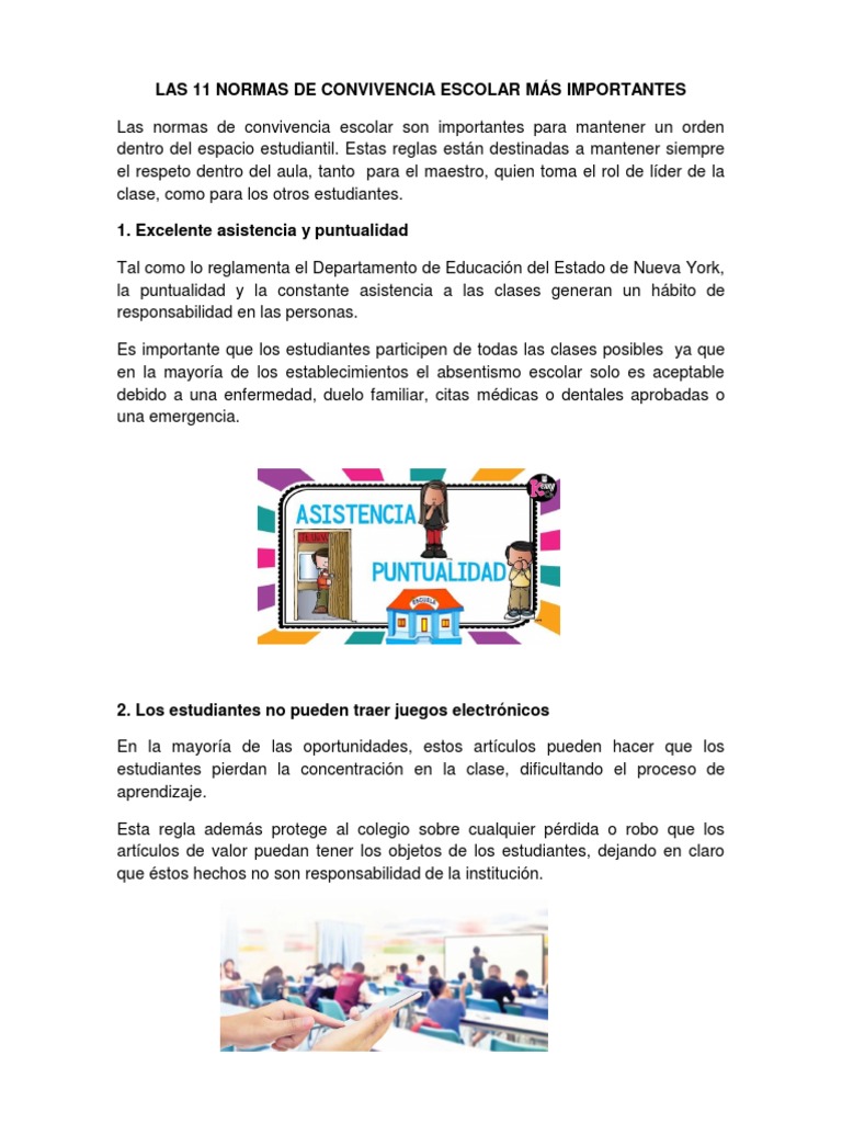 11 Normas de Convivencia Escolar | PDF | Salón de clases | Creatividad