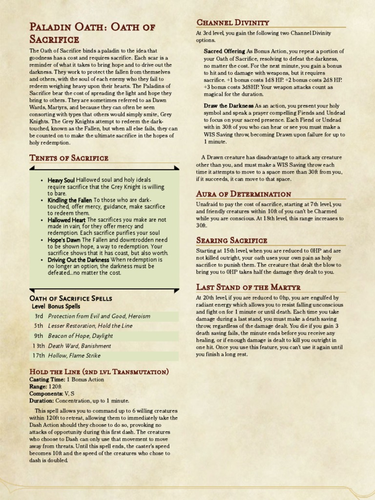 5e D D Class Paladin Oath Of Sacrifice Pdf Sacrifice