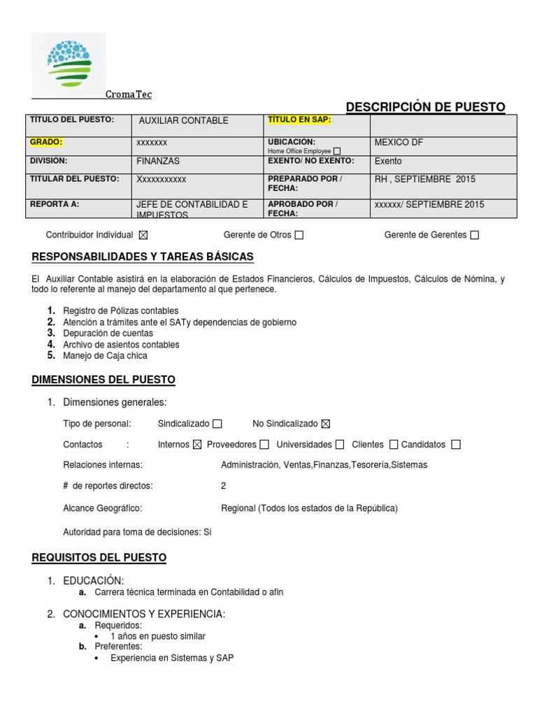 Descripcion De Puestos Auxiliar Contable Cromatec PDF Contabilidad 