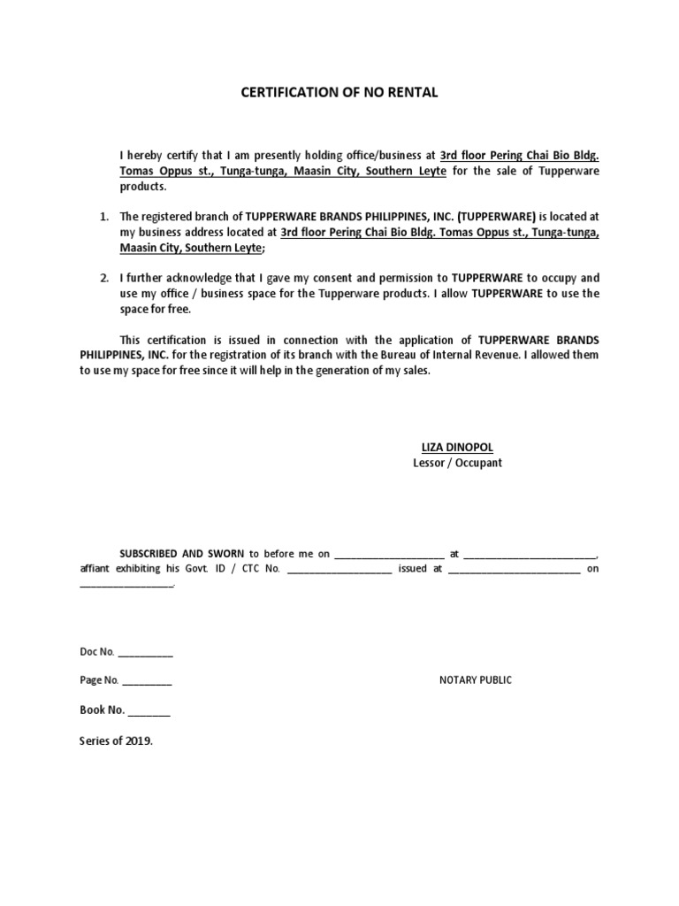 Certificate of No Rental for Tupperware | PDF