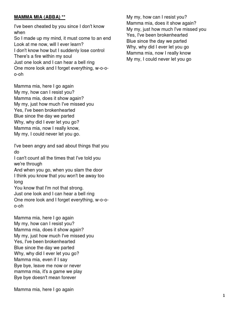 Mamma Mia Lyrics Love Leisure