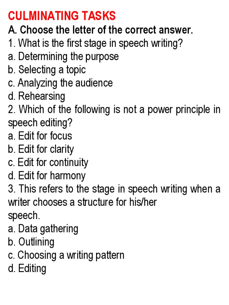 Culminating Tasks: A. Choose The Letter of The Correct Answer | PDF