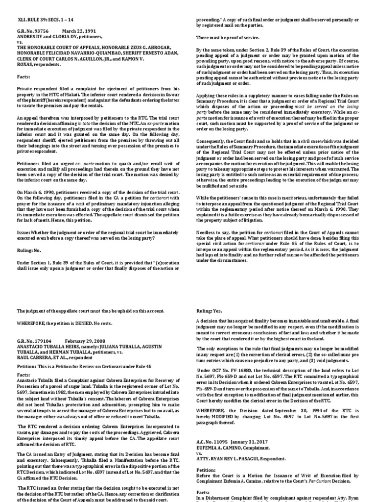 Execution of Judgments Under Rule 39 | PDF | Judgment (Law) | Certiorari