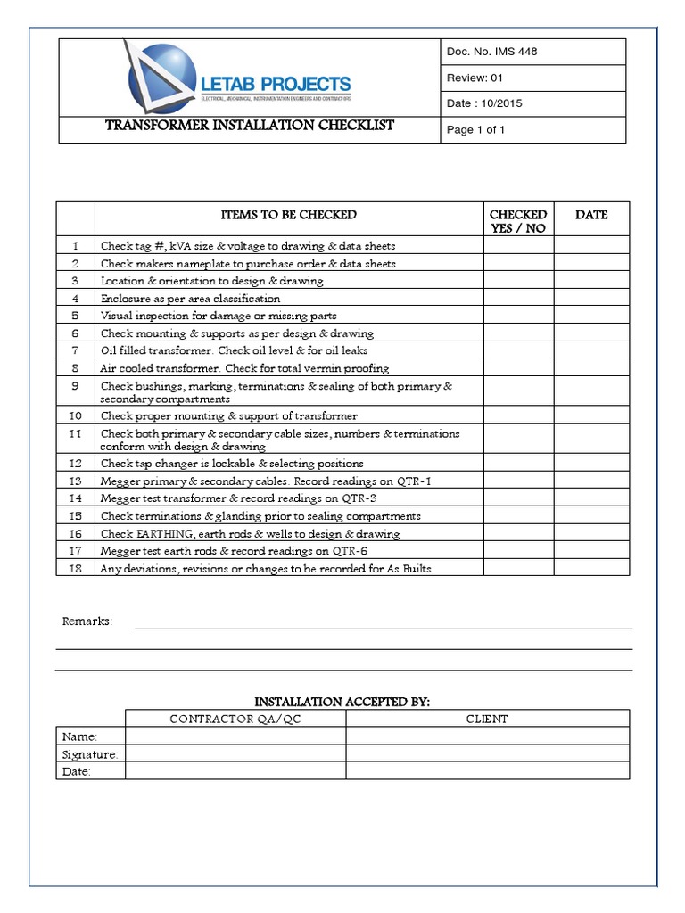 IMS 448-EQCL - Transformer Installation Checklist Rev01 | PDF