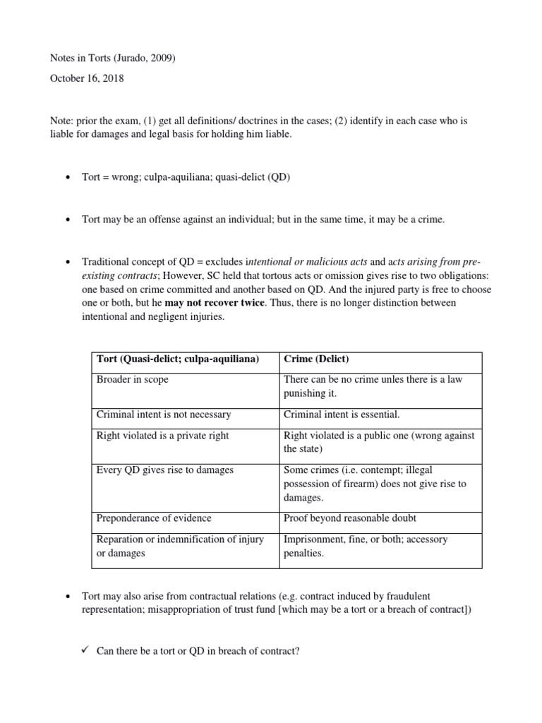 Torts and Quasi-Delicts Overview | PDF | Tort | Negligence