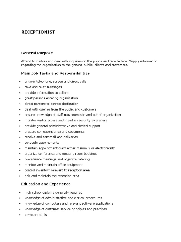 Receptionist Job Description PDF