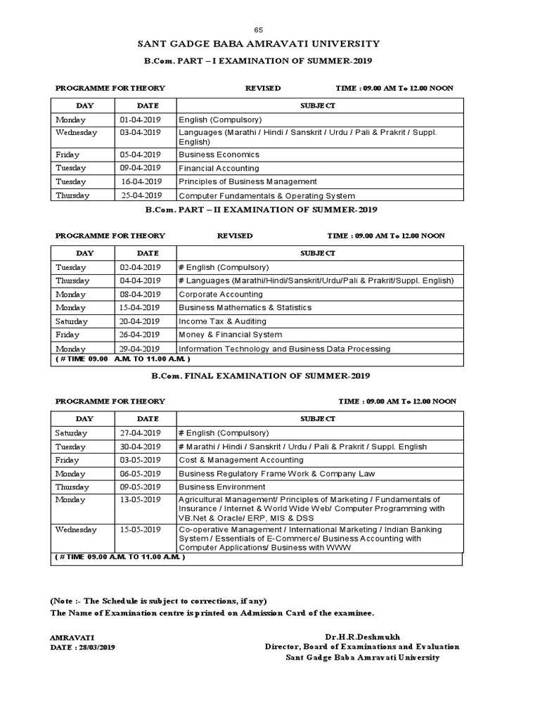 Sant Gadge Baba Amravati University B.Com, BBA, BCA Exam Schedule | PDF ...