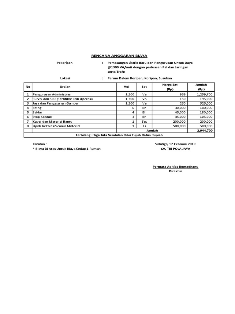 RAB Pemasangan Listrik 1300 VA | PDF