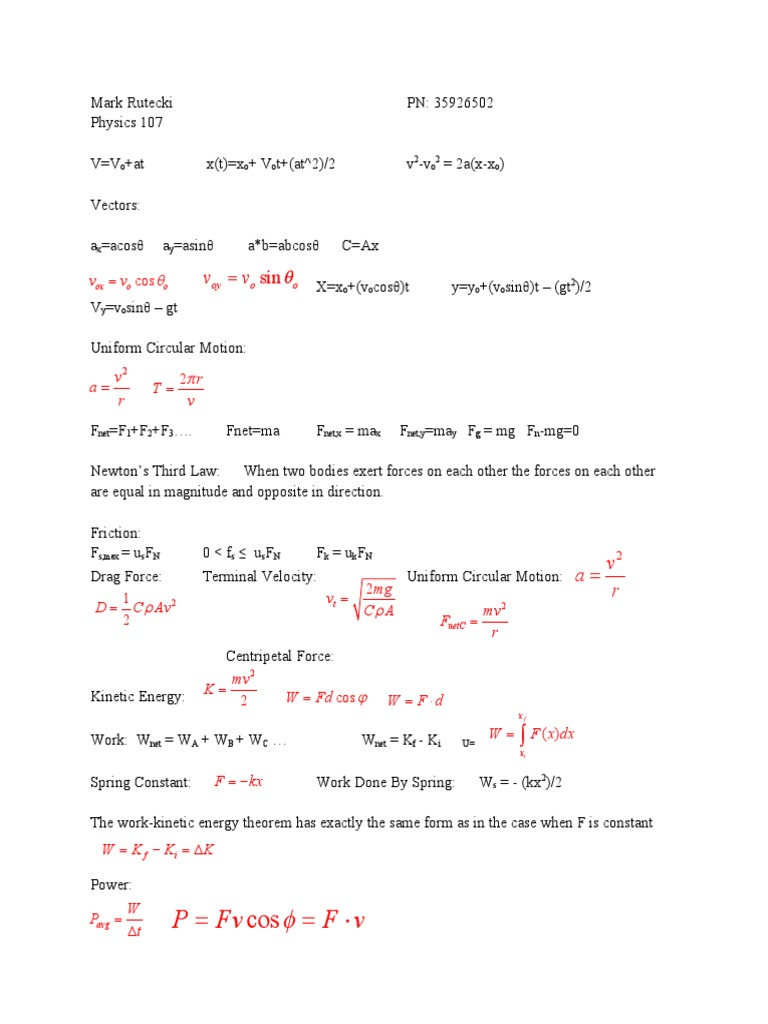 Physics 107 Formulas and Concepts | PDF