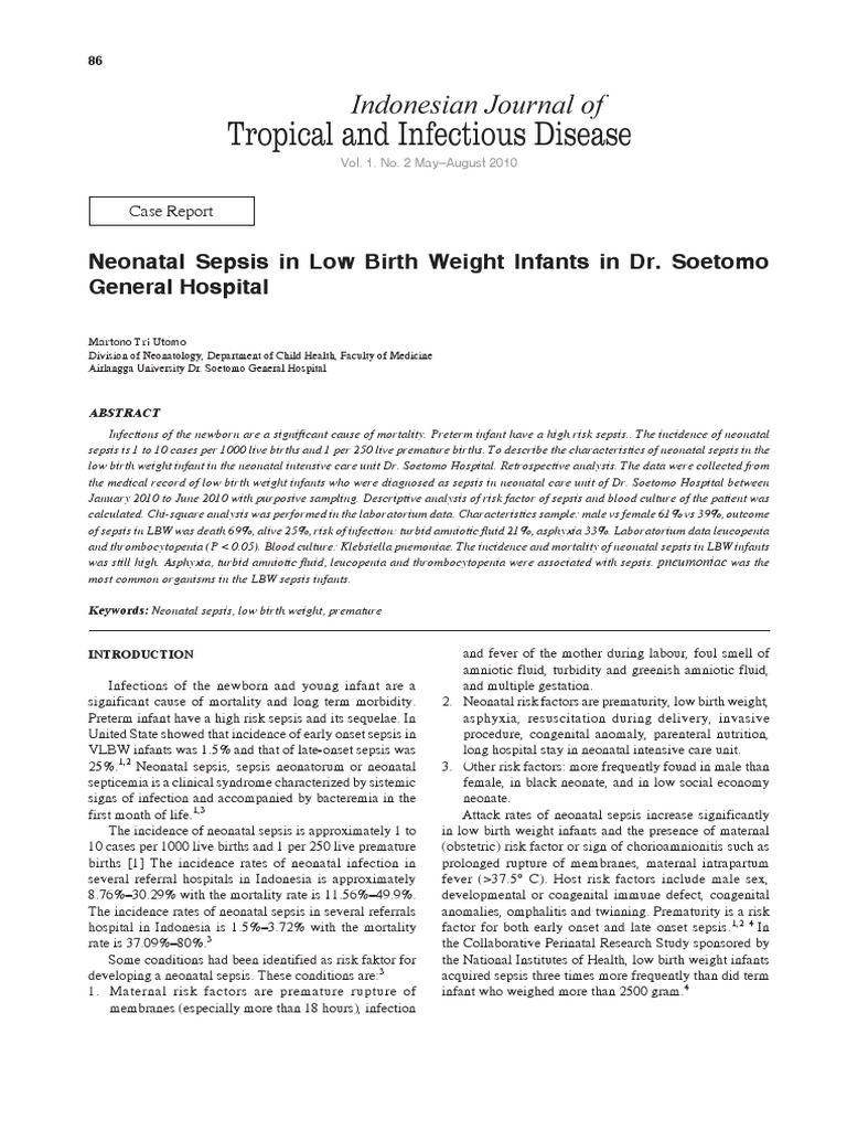 Neonatal Sepsis in Low Birth Weight Infants in Dr. Soetomo General